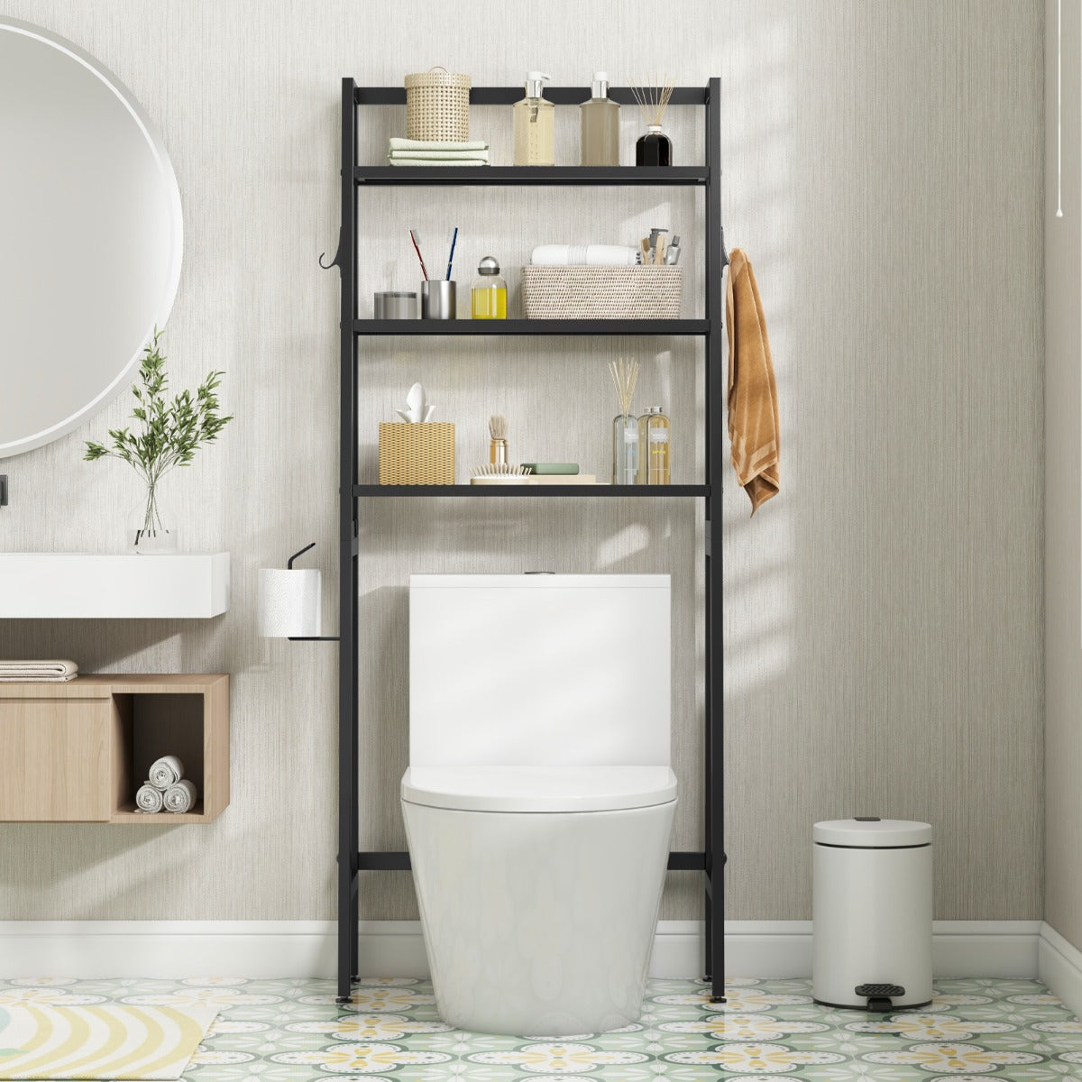Costway - Etagere WC, Etagere metal, Rangement WC, Etagere Toilette, au-dessus des Toilettes, à 3 Niveaux avec Barre Inférieure Réglable, Noir