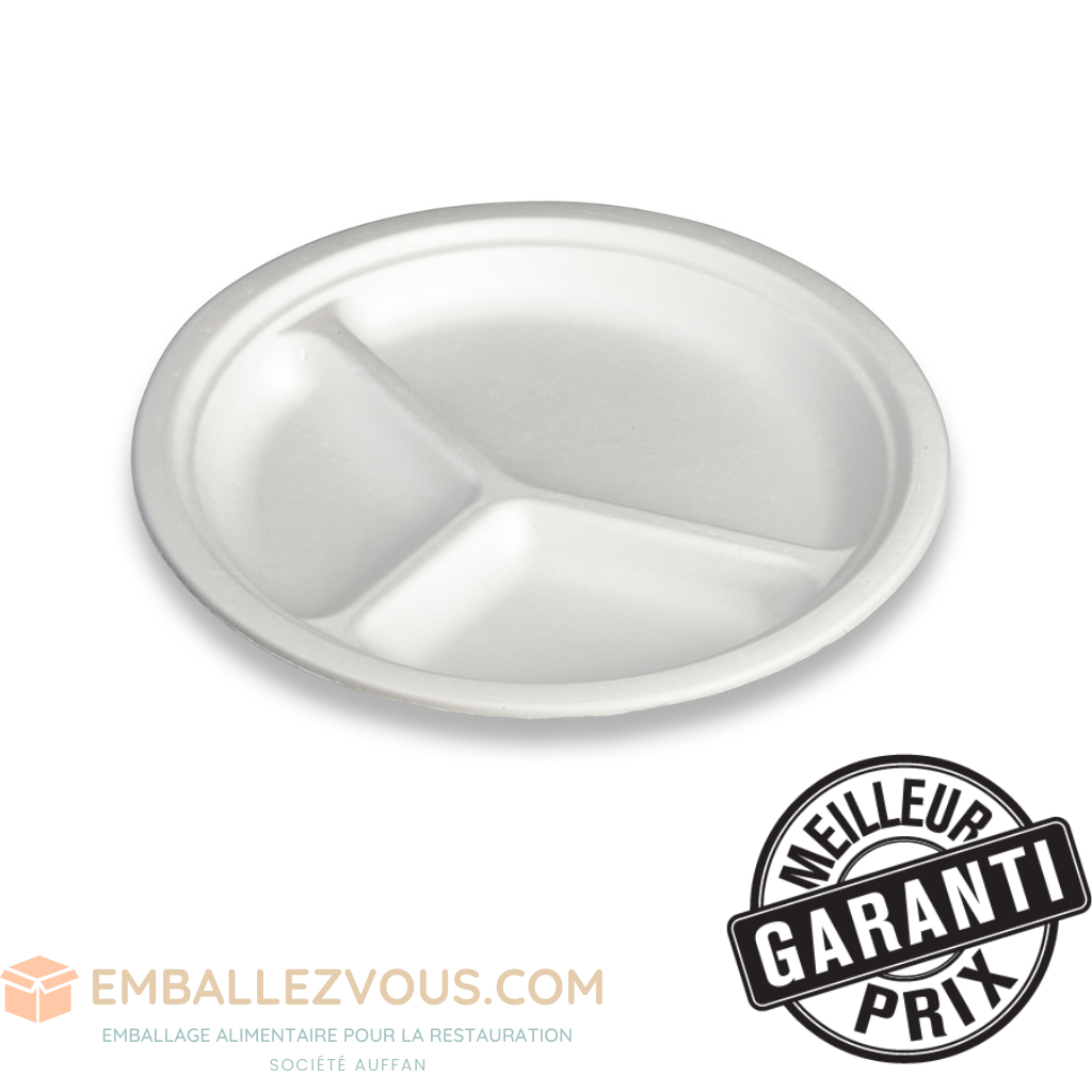 ASSIETTE FIBRE DE CANNE 3 COMPARTIMENTS Ø26CM VENDU PAR 500 - AFC 260 3C