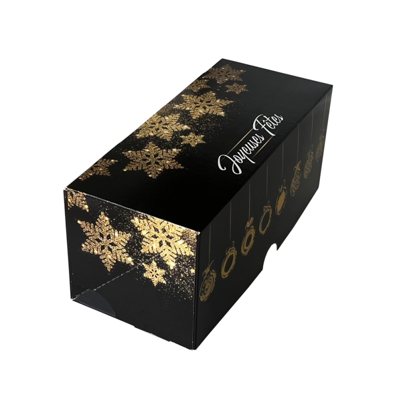 BOITE BUCHE AVEC MOTIFS-JOYEUSES FETES + ETOILES + BOULES - NOIR - 20X11X10 CM