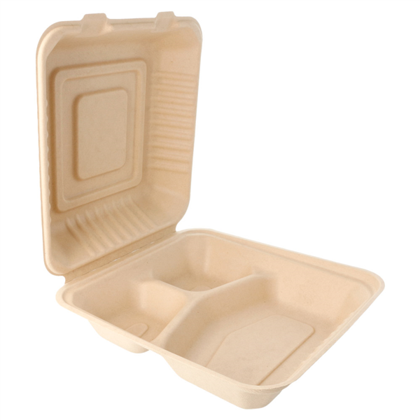 Boite "M" 3 compartiments compostable et biodegradable 20x20x7,5 cm naturel canne à sucre - vendu par 200