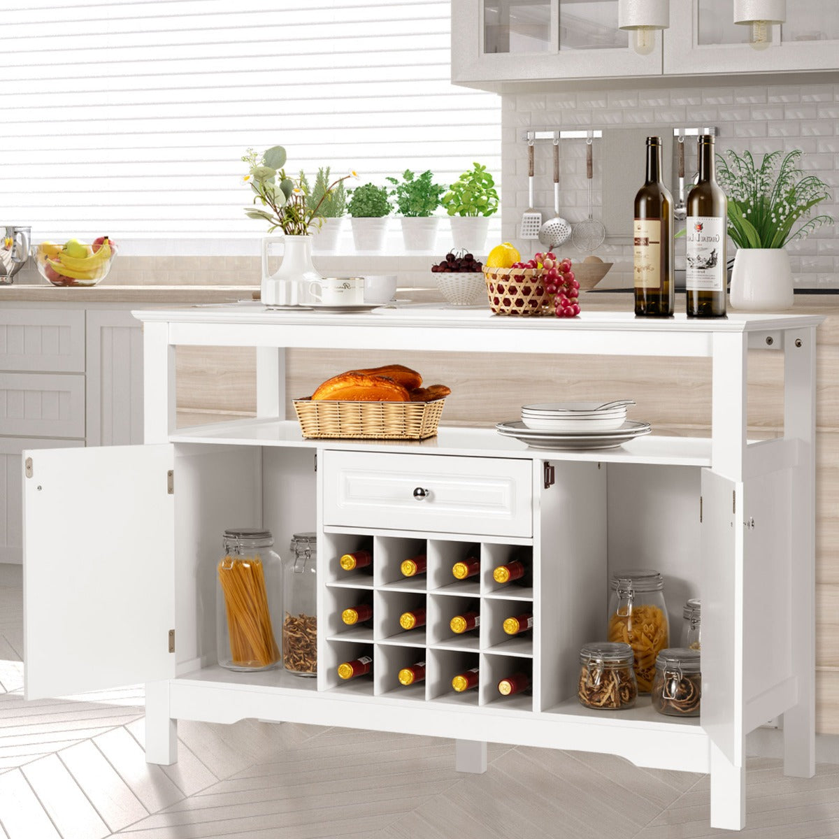 Costway - Buffet de Cuisine, Buffet Salon, Casier a Bouteille, Porte Bouteille Vin, 1 Tiroir et 2 Armoires Meuble Rangement, Blanc
