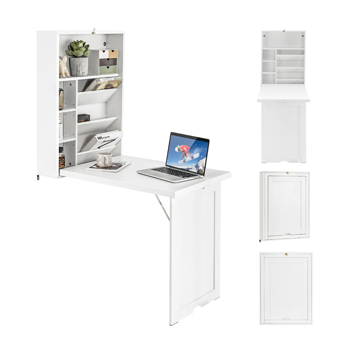 Costway - Bureau Pliable Mural, Bureau Pliable, Bureau Ordinateur, Bureau Informatique, Bureau Moderne, Table de Bureau, Poste de Travail, Blanc