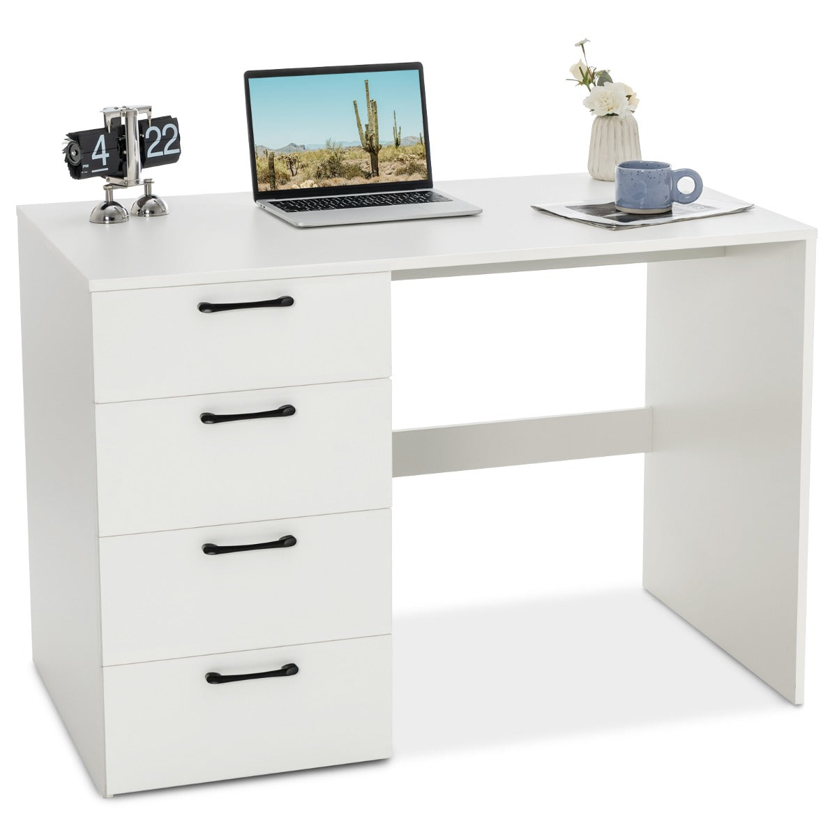 Costway - Bureau Ordinateur, Bureau Informatique, Grand Bureau, Bureau Moderne, Poste de Travail avec 4 Tiroirs, L110 x P60 x H76 cm, Blanc