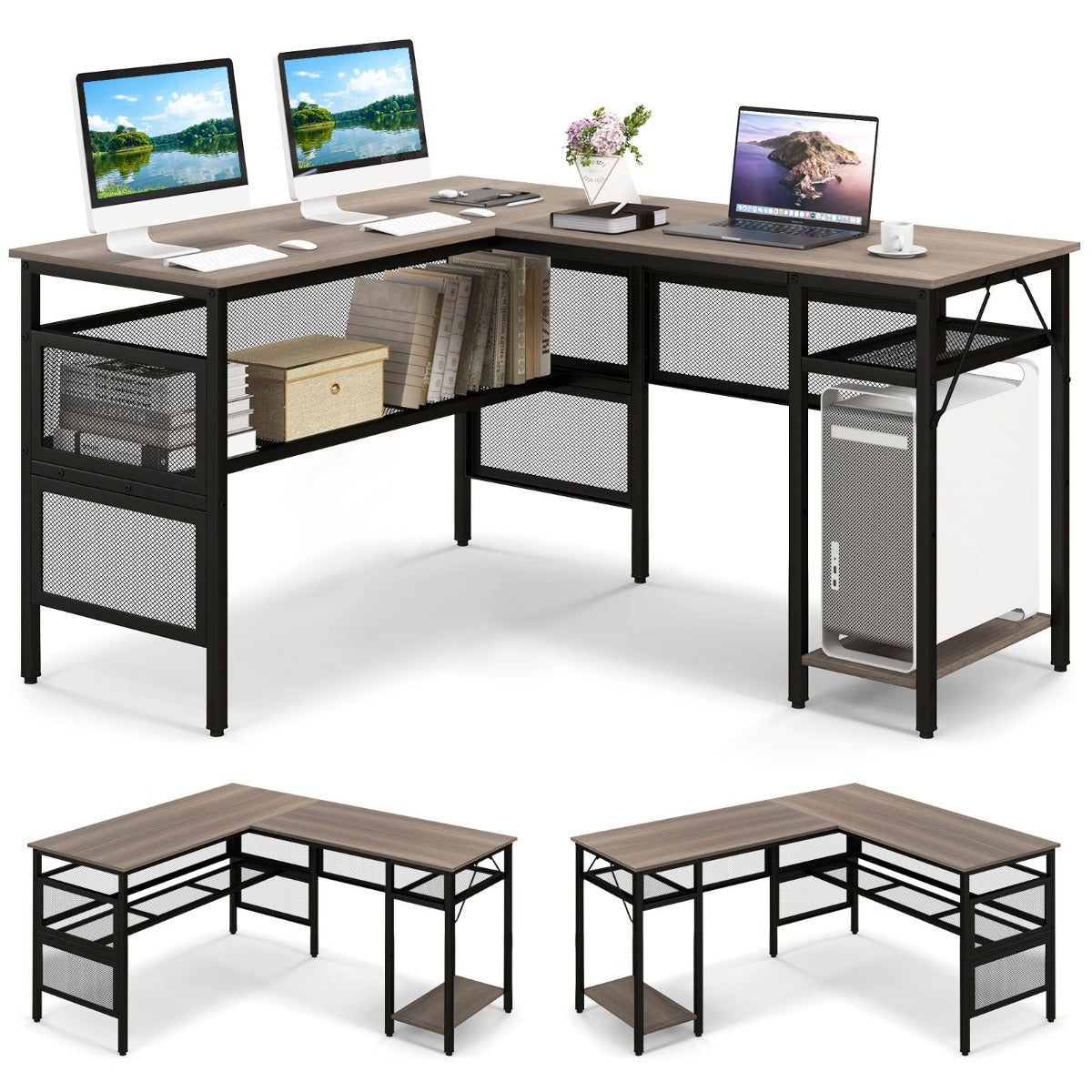 Costway - Table, Bureau d'Angle, Grand Bureau, Table de Bureau, Bureau en L, Poste de Travail, Bureau d'Etudes, Bureau de Jeu, Gris