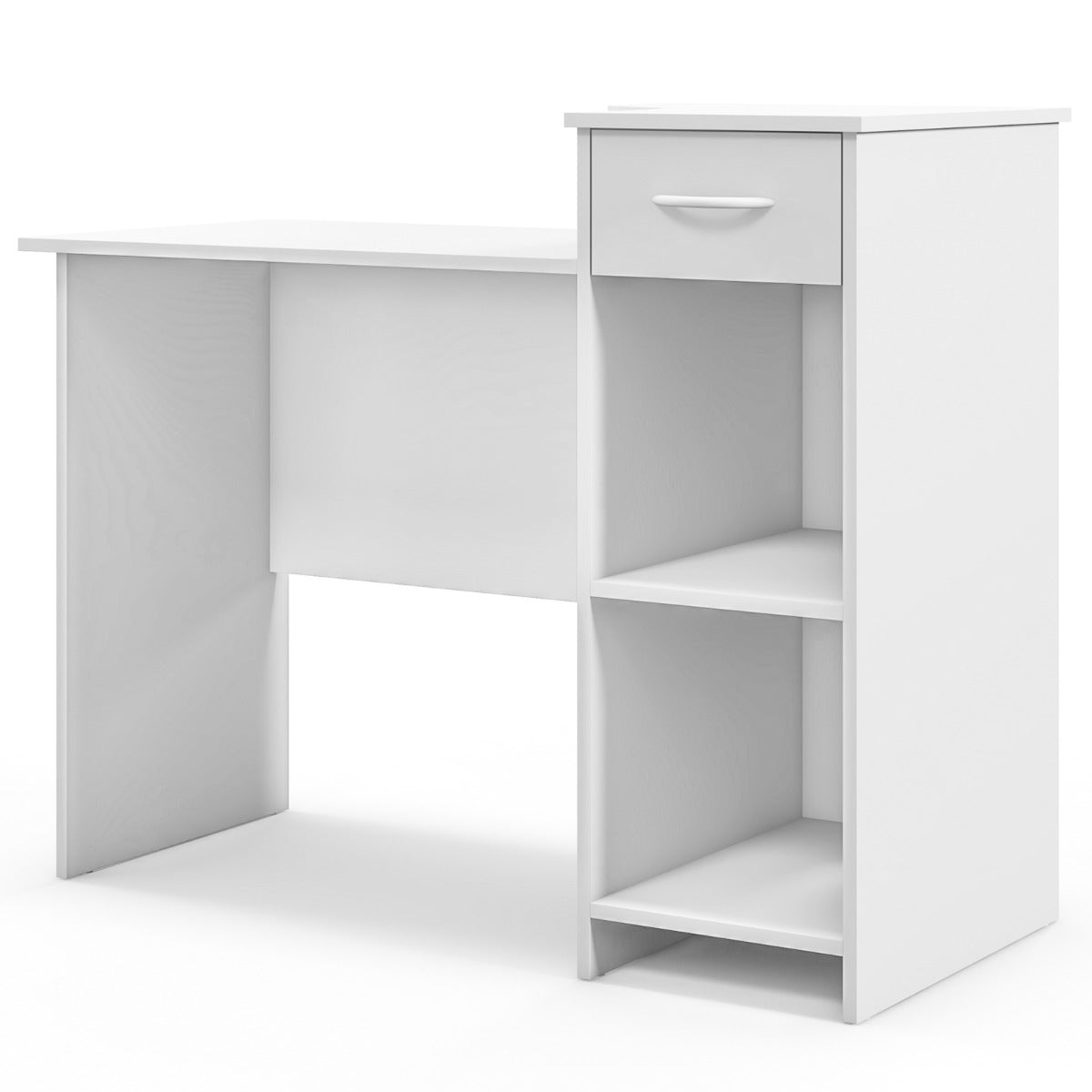 Costway - Table, Bureau Ordinateur, Bureau Moderne, Table de Bureau, Poste de Travail avec Tiroir et 2 Étagères de Rangement, 102x49,5x84,5cm, Blanc