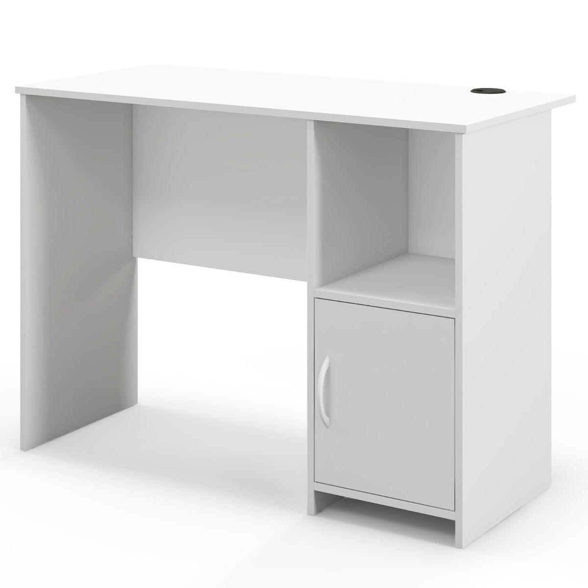 Costway - Bureau Moderne, Bureau Ordinateur, Table, Table de Bureau, Poste de Travail avec Trous pour Câbles et Etagère Ouverte, Blanc