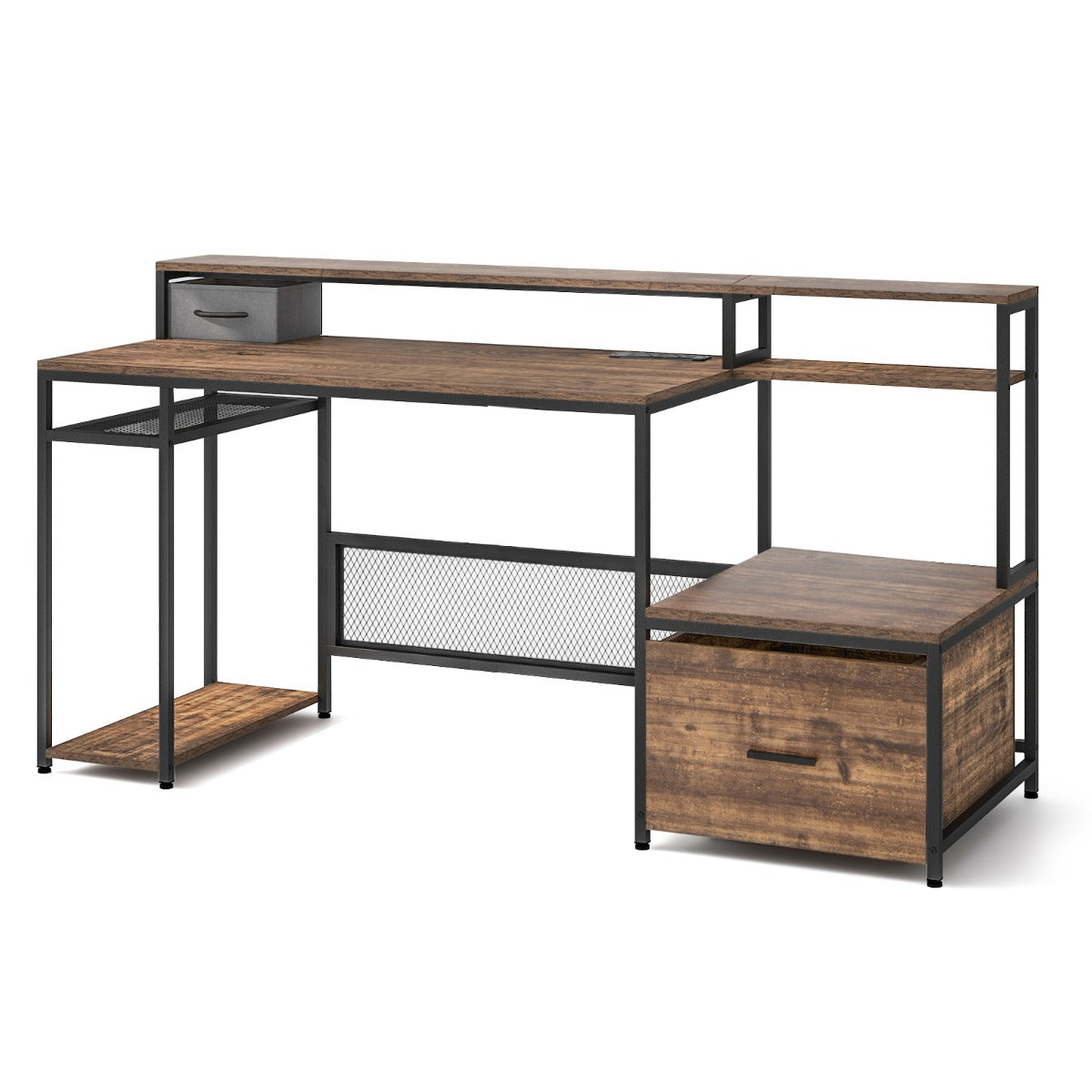 Costway - Table, Bureau Ordinateur de 170 Cm, Table de Bureau avec Support pour Ecran, Poste de Travail avec Prises, Marron Rustique