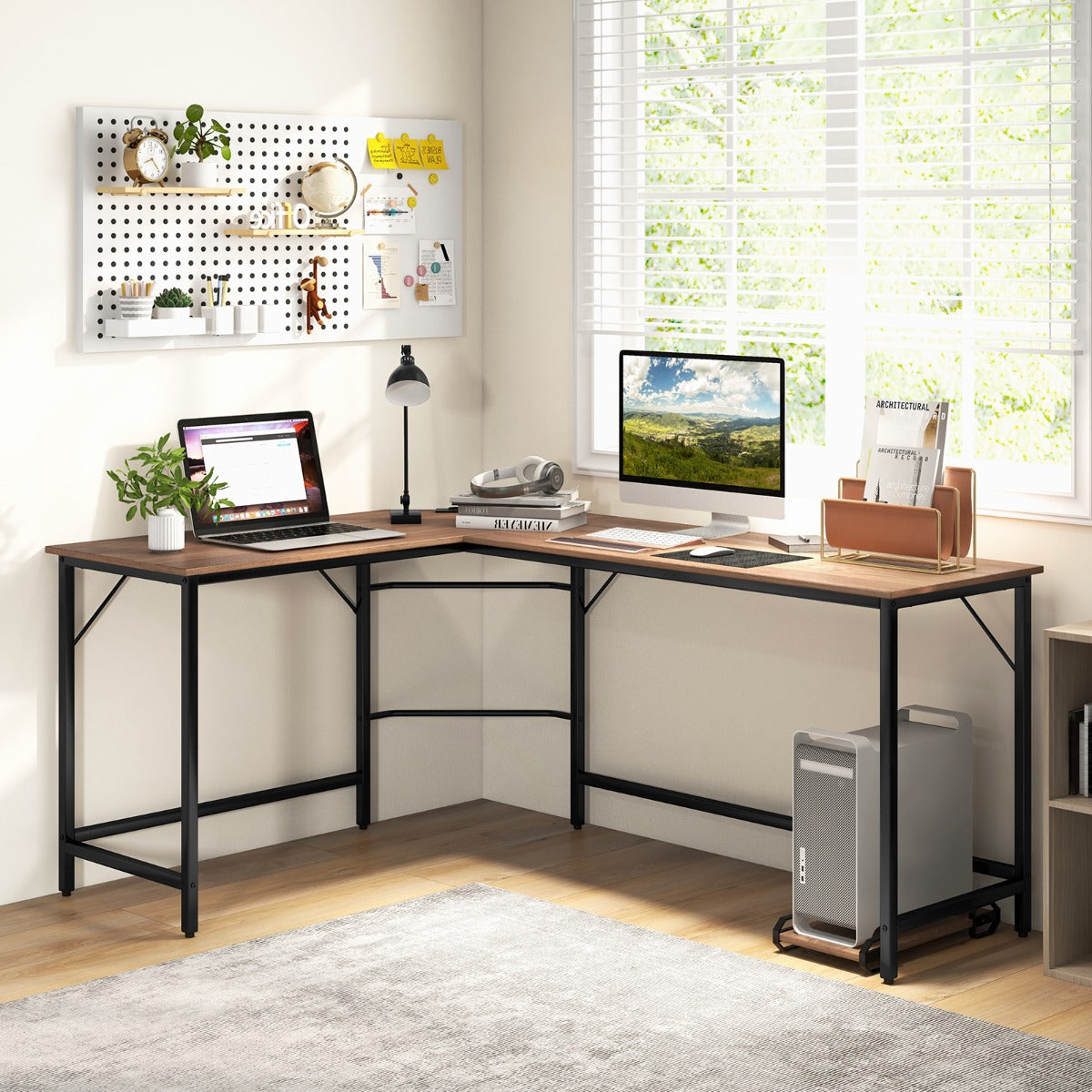 Costway - Table, Bureau d'Angle de 168 cm, Table de Bureau, Bureau en L avec Support UC, Poste de Travail, Bureau d'Etudes, Naturel