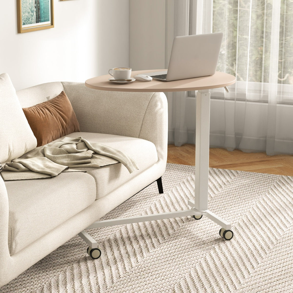 Costway - Table pour ordinateur portable mobile, bureau réglable en hauteur 74-108 cm, 4 roulettes, Petit Bureau, Rose+Blanc