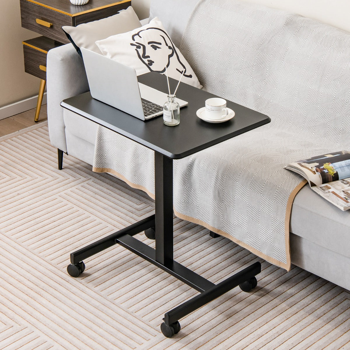 Costway - Table, Bureau Assis Debout, Bureau Ordinateur, Hauteur réglable 74-108 cm, Table de Bureau, Poste de Travail avec Roulettes, Noir