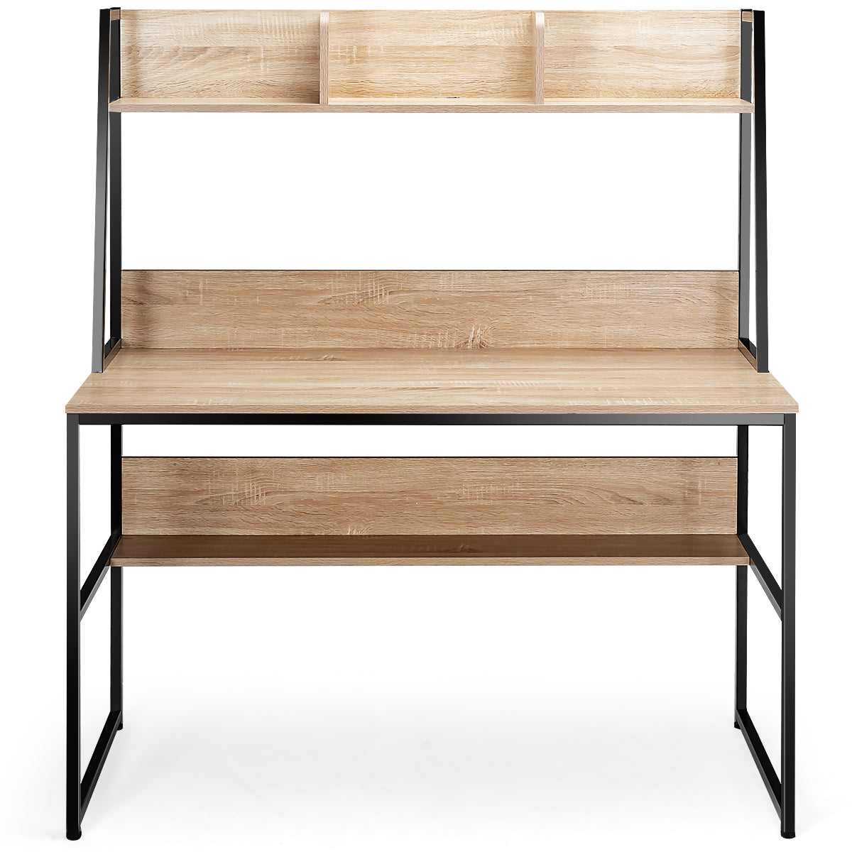 Costway - Table de Travail, Bureau Ordinateur, Bureau Moderne, Table de Bureau de 120 Cm, Poste de Travail, Bureau avec Bibliothèque, Naturel