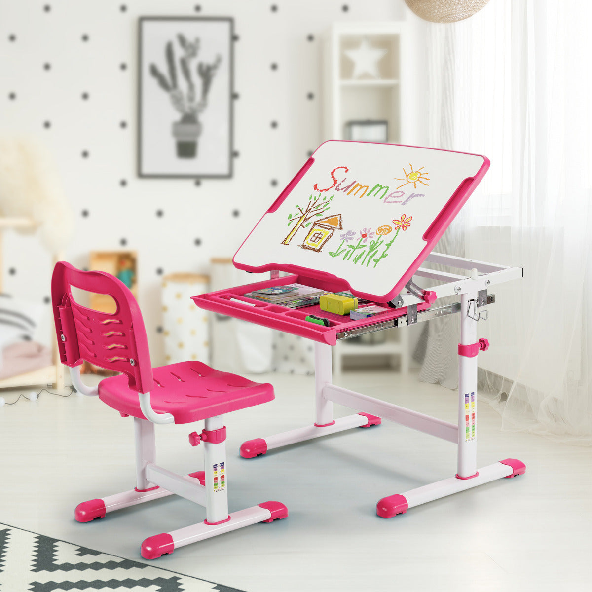 Costway - Bureau Enfant, Chaise Enfant, Table et Chaise Enfant, Bureau Enfant Primaire à Hauteur Réglable Inclinable 0-45° avec Plateau 1 Tiroir, Rose
