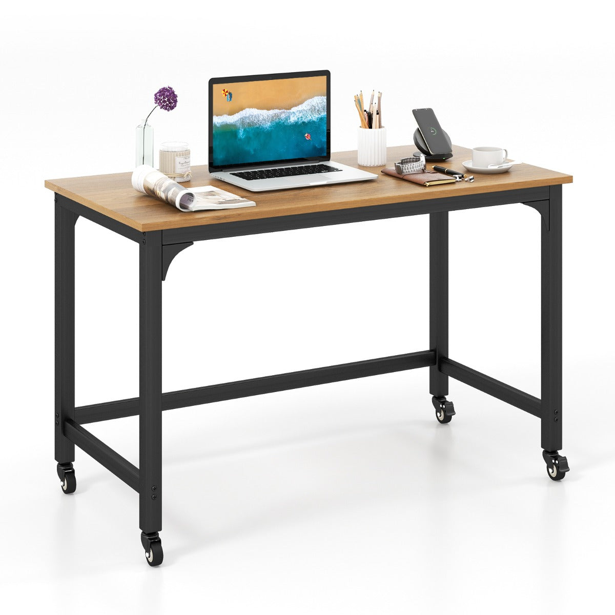 Costway - Bureau Ordinateur, Bureau Informatique de 120 cm, Bureau Moderne, Table de Bureau avec Roulant, Poste de Travail, Naturel