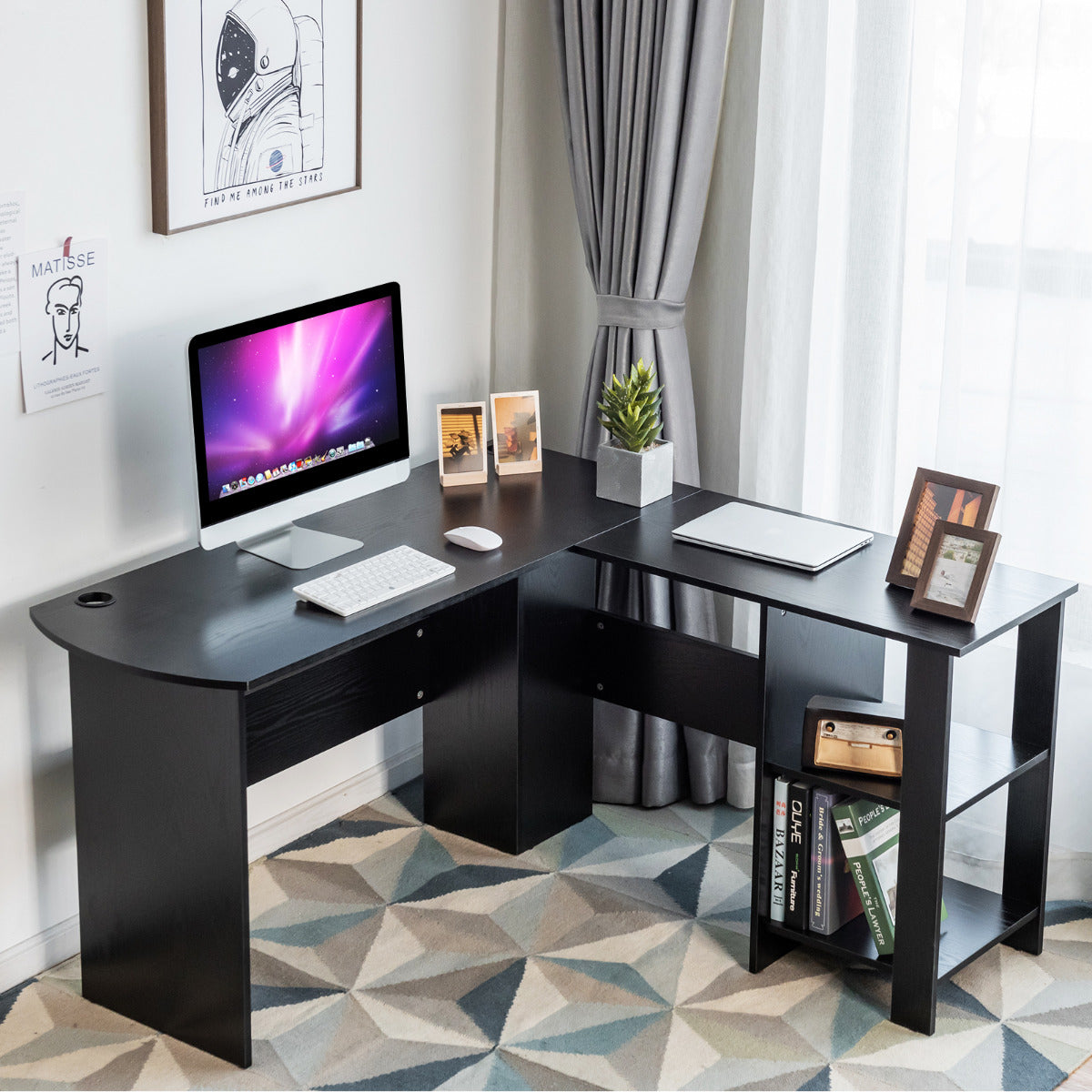 Costway - Bureau d'Angle, Bureau en L, Bureau Ordinateur, Bureau Informatique, Bureau Moderne, Table de Bureau, Poste de Travail, 130x130x72,5, Noir