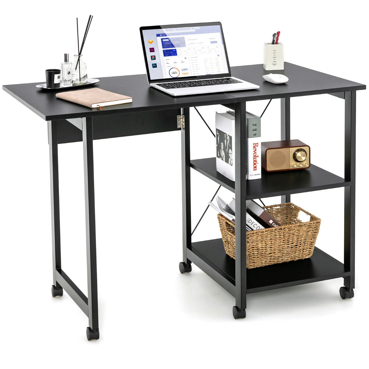 Costway - Table, Petit Bureau, Bureau Pliable, Bureau Ordinateur, Table de Bureau, Poste de Travail avec 6 Roulettes, Bureau d'Etudes, Noir