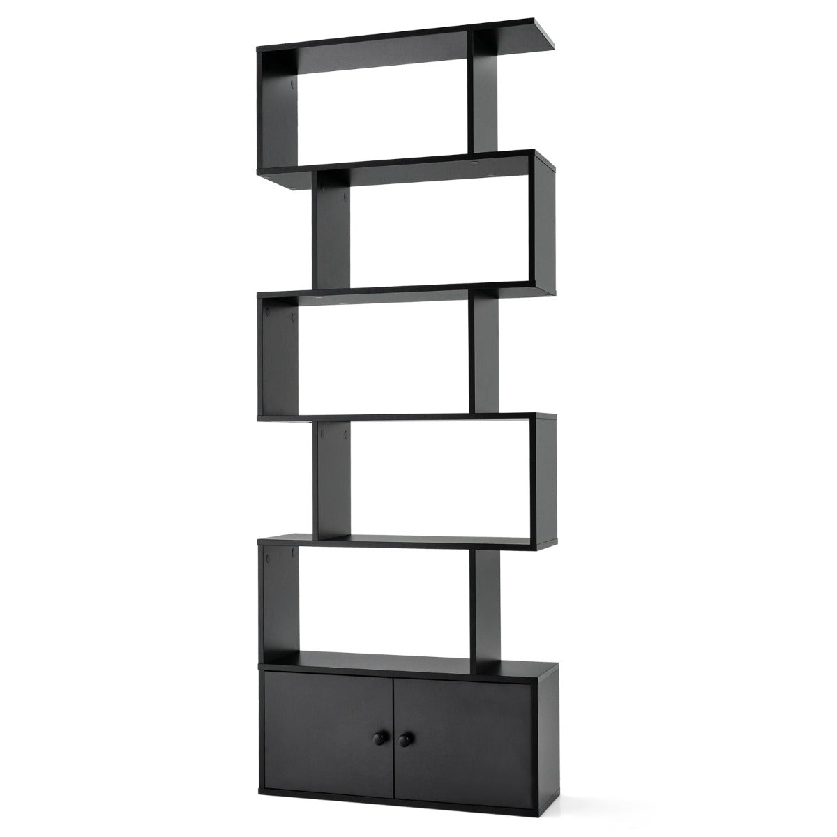 Costway - Étagère Bibliothèque, Etagere de Rangement, Etagere Colonne, Etagere Salon,  Échelle en Bois à 6 niveaux avec 2 Portes, Noir