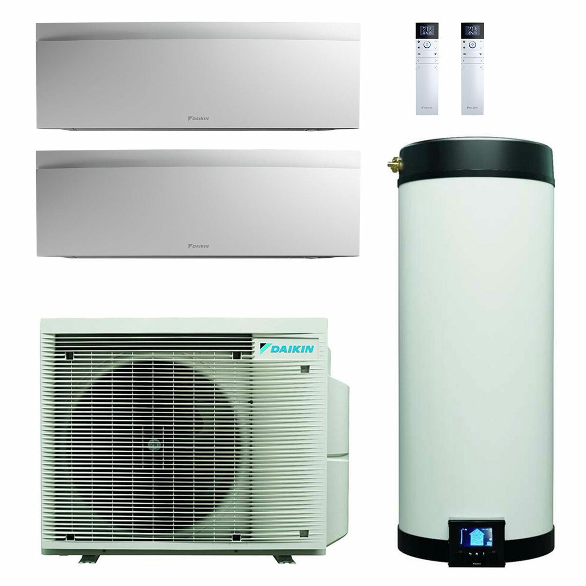 Daikin Multi+ dual split air conditioning system and domestic hot water - Indoor units Emura 3 white 9000+12000 BTU - Tank 120 l