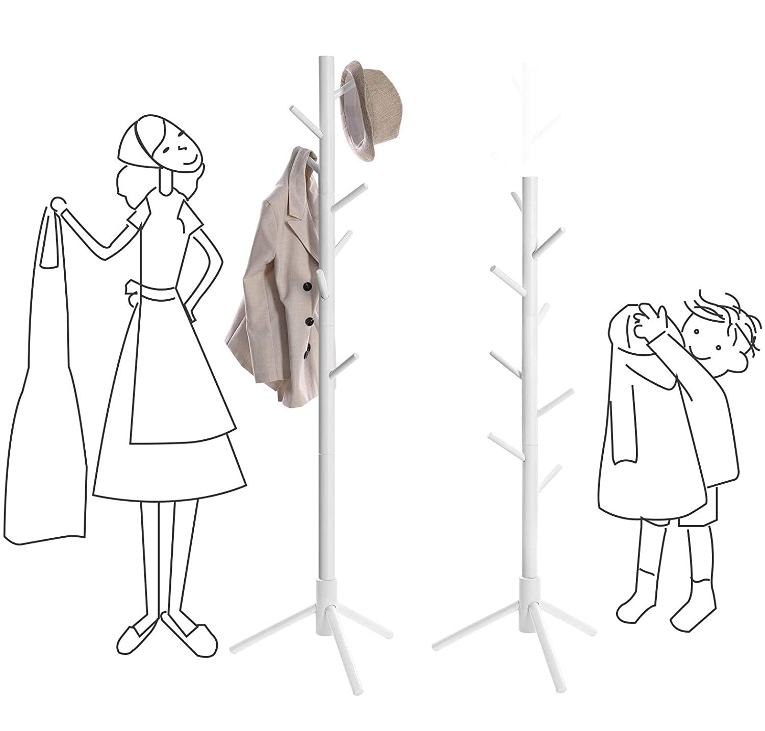 VASAGLE - Portemanteau en Bois Massif, Porte-vêtement, avec 8 Crochets pour vêtements, Sacs, Veste, pour entrée, Couloir, Blanc