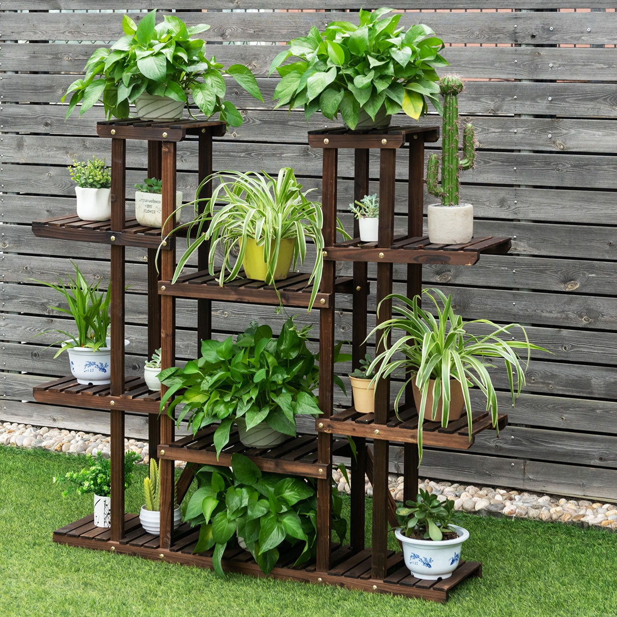 Costway - Etagere pour Plante, Meuble Plante, en Bois, 9 Tablettes pour 18 Pots, Support pot de Fleur, Charge 10KG par Niveau Terrasse Jardin