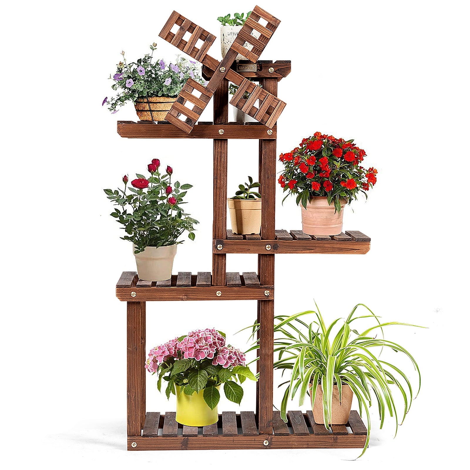 Costway - Etagere a Plante, Support pot de Fleur, Support plante, en Bois de Sapin, à 5 Niveaux avec Moulin à Vent pour Terrasse Jardin Salon, Nature