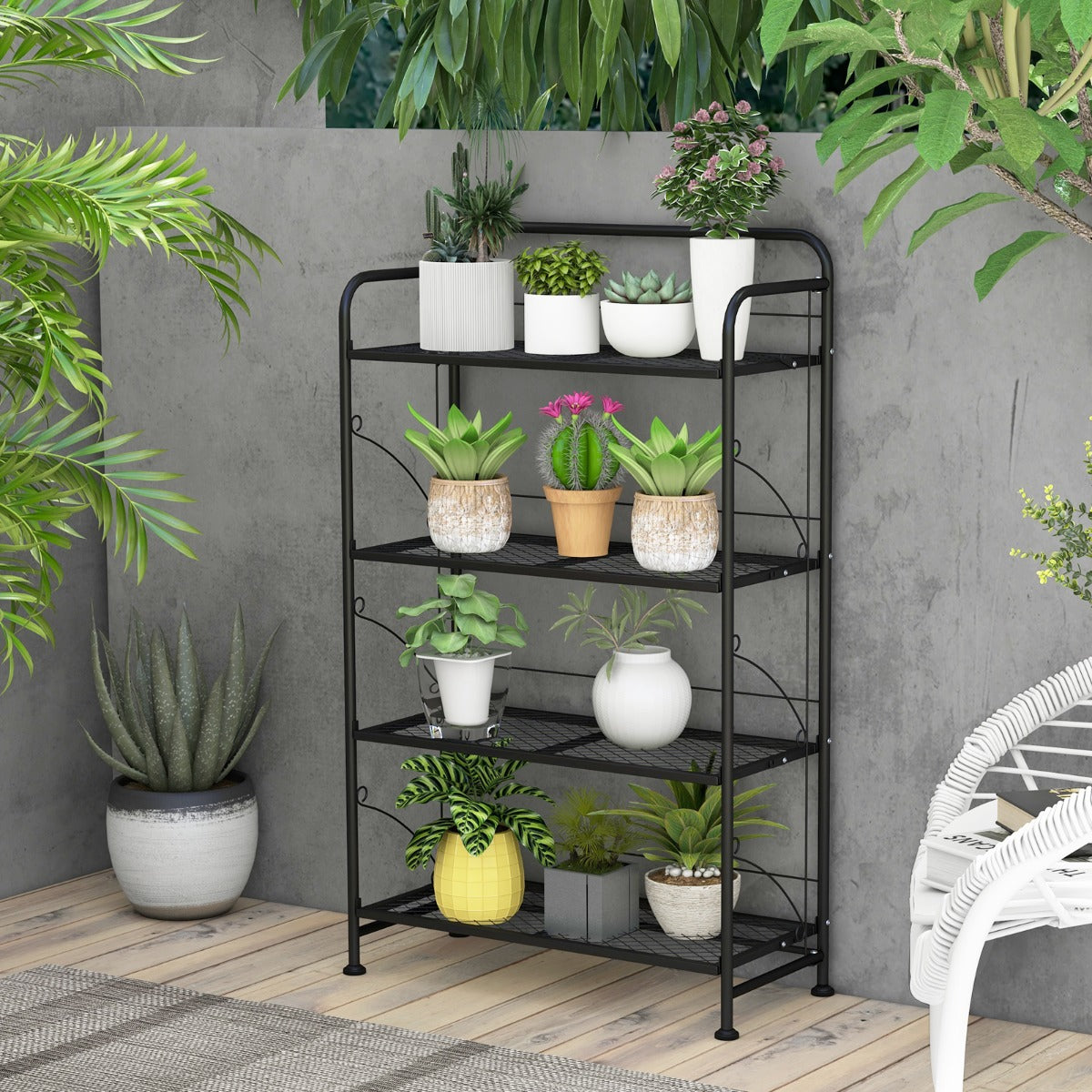 Costway - Etagere Plante, Support Plante, Meuble Plante, Support pot de Fleur, Pliable, 4 Niveaux en Métal avec Pieds Réglables, Noir