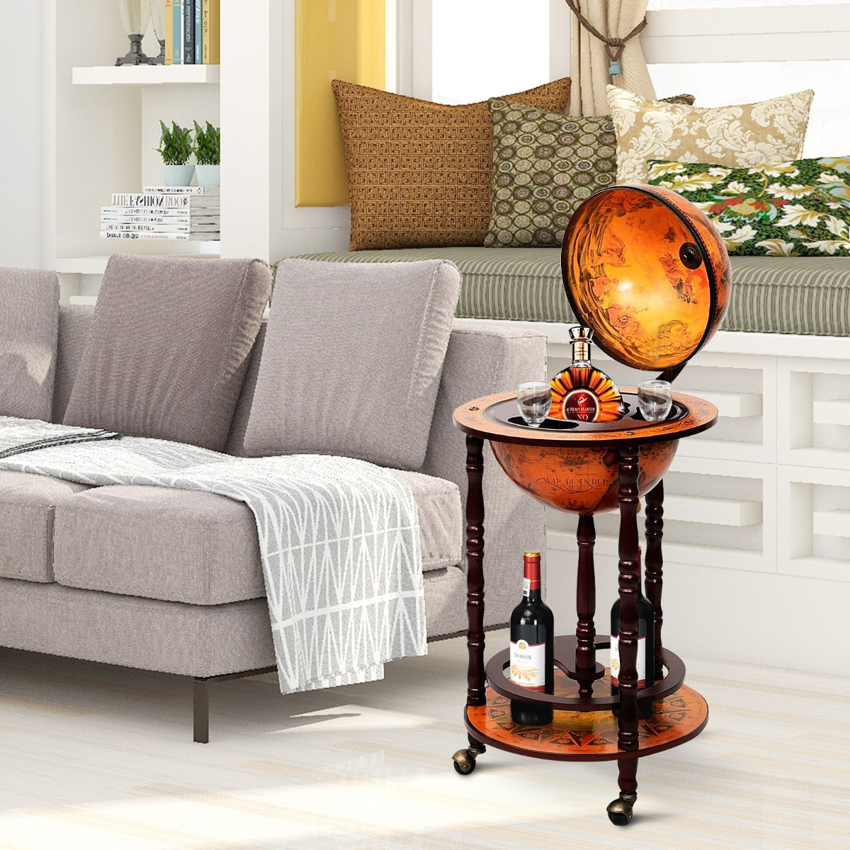 Costway - Bar Globe, Casier a Bouteille, Porte Bouteille Vin, Range Bouteille, en Bois Rack/Cabinet globe italien du 16e siècle avec 3 pieds