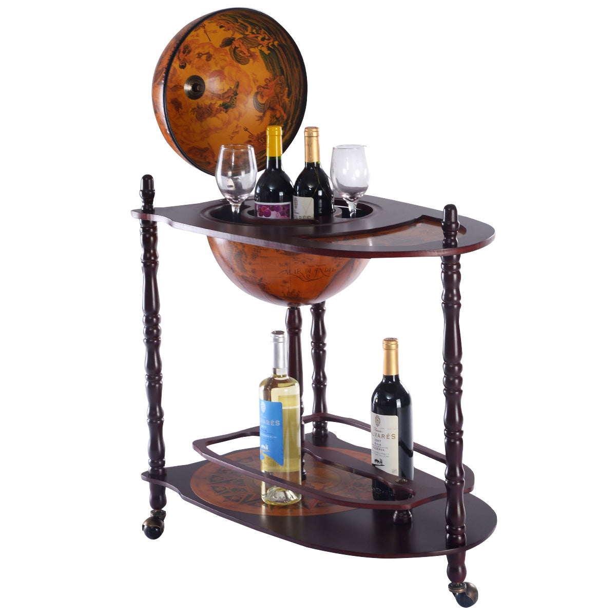 Costway - Bar Globe, Casier a Bouteille, Porte Bouteille Vin, Range Bouteille, Minibar Etagère en bois Bar roulant avec étagère, Vintage, Marron