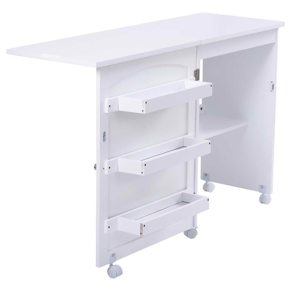 Costway - Table pour Machine à Coudre à Roulettes Pliable Table Roulante à 3 Étagères en MDF, 117x40x77cm, Blanc