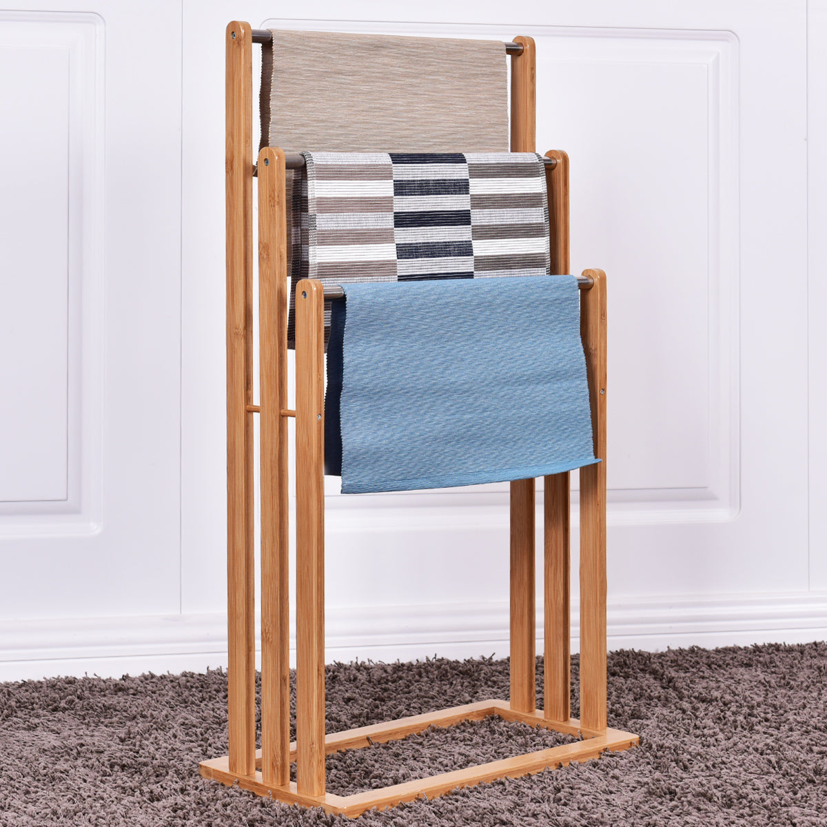 Costway - Porte Serviette Salle de Bain, Porte Serviette sur Pied, Porte Serviette Bois, Accroche Serviette, Échelle pour serviettes 3 barres, Naturel