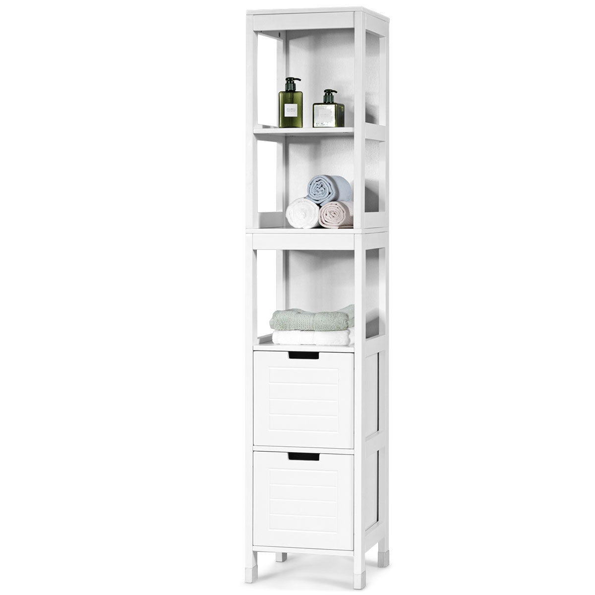 Costway - Colonne Salle de Bain, Armoire Salle de Bain, Petit Meuble Salle de Bain, Armoire wc, Armoire Haute de Rangement Ouvert, 2 Tiroirs, Blanc
