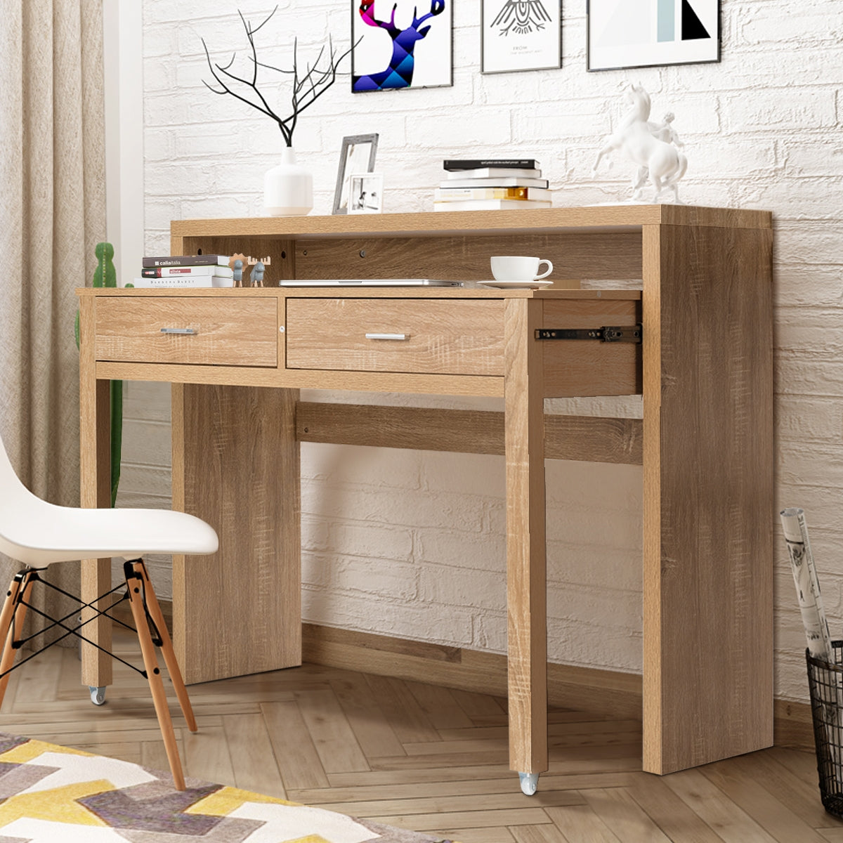 Costway - Bureau Extensible, Console Bureau, Bureau Ordinateur, Bureau Informatique, Bureau Moderne, Table de Bureau, Poste de Travail avec 2 Tiroirs