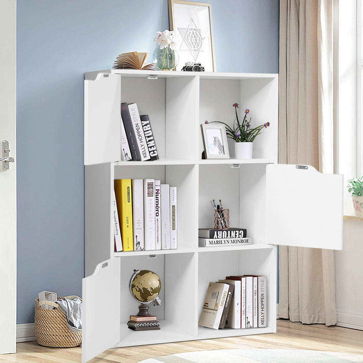 Costway - Etagere Salon, Etagere de Rangement, Étagère Bibliothèque, Casier avec 6 Compartiments 3 Ouverts et 3 avec Portes, Capacité 30 kg, Blanc