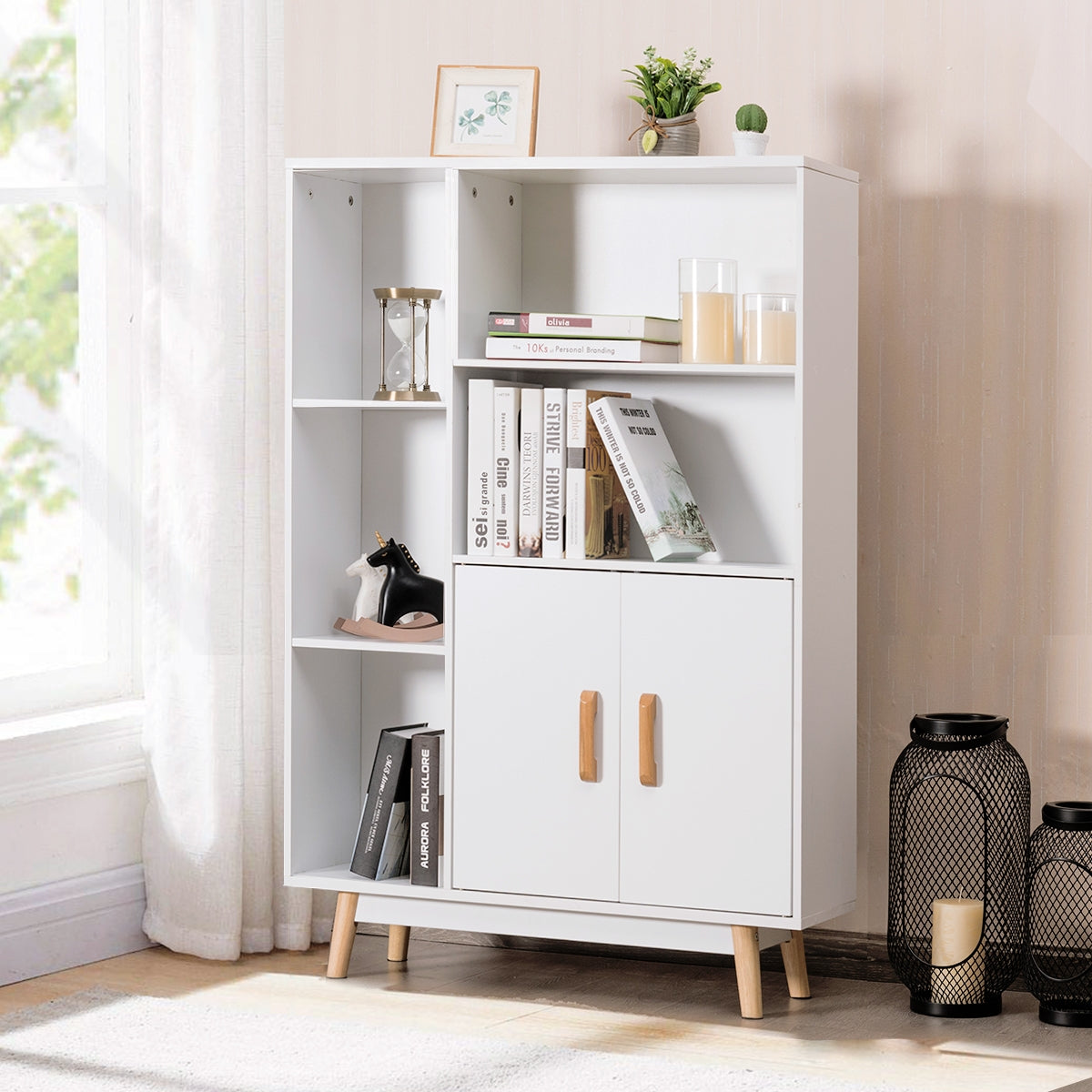 Costway - Étagère Bibliothèque, Meuble Etagere, Etagere de Rangement, Bibliothèque Armoire de rangement, Scandinave avec Cube de Rangement Blanche