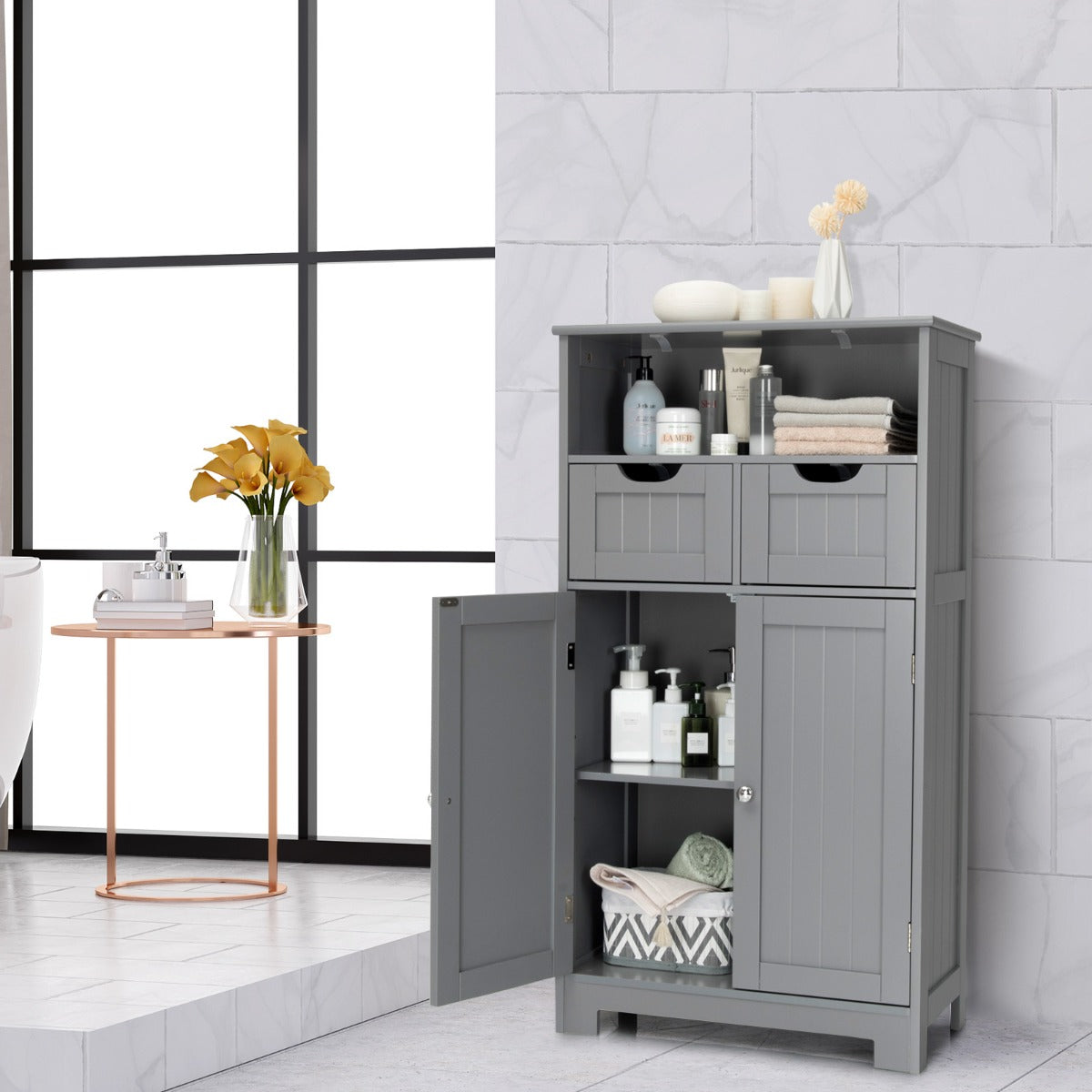 Costway - Armoire salle de bain, Armoire WC, Meuble Rangement salle de bain, Meuble de Salle de Bain, Armoire de toilette, 2 Tiroirs, 2 Portes, Gris
