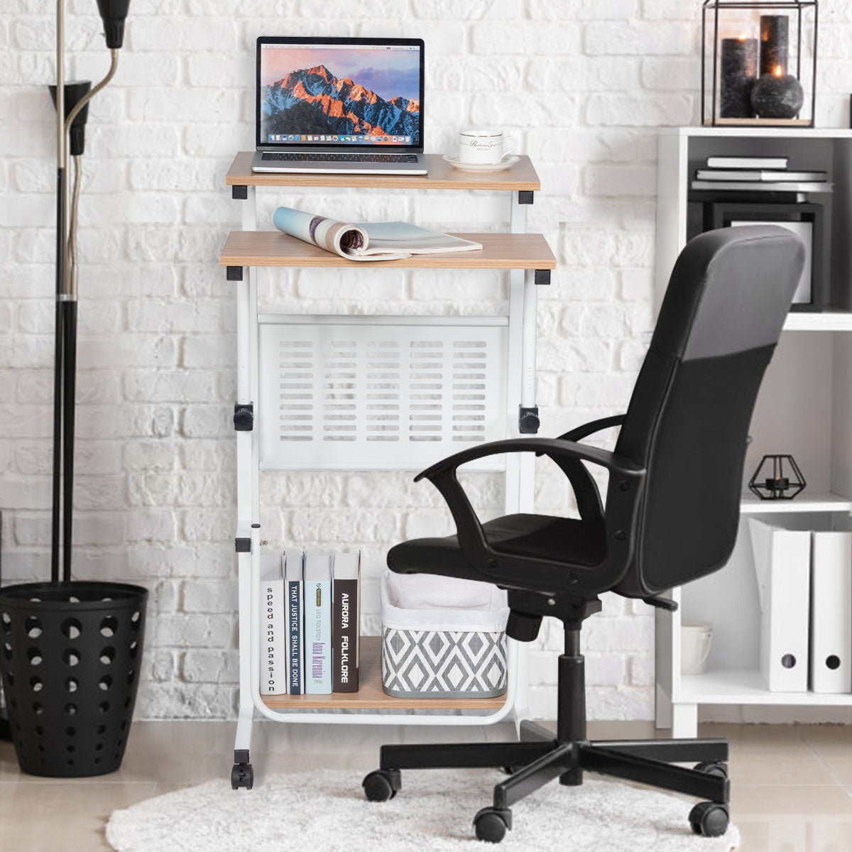 Costway - Bureau Assis Debout à Roulettes, Bureau Ordinateur, Bureau Informatique, Bureau Moderne, Table de Bureau, Hauteur Réglable 69-98cm