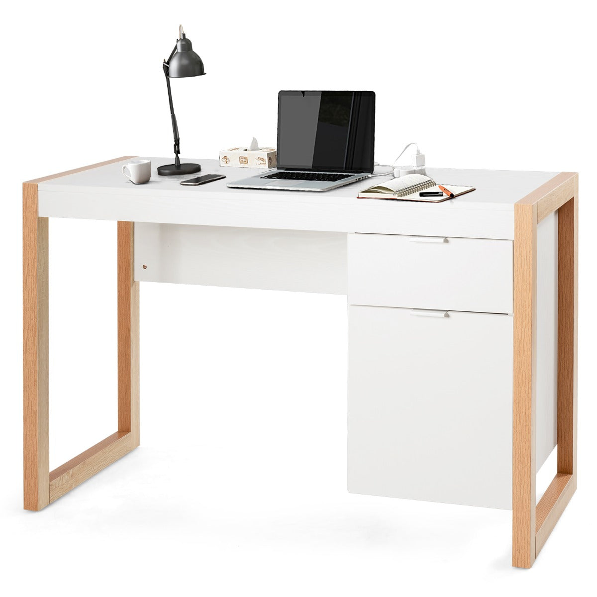 Costway - Bureau Ordinateur, Bureau Informatique, Bureau Moderne, Table de Bureau, Poste de Travail avec 2 Tiroirs, 112,5x50x75 cm, Blanc