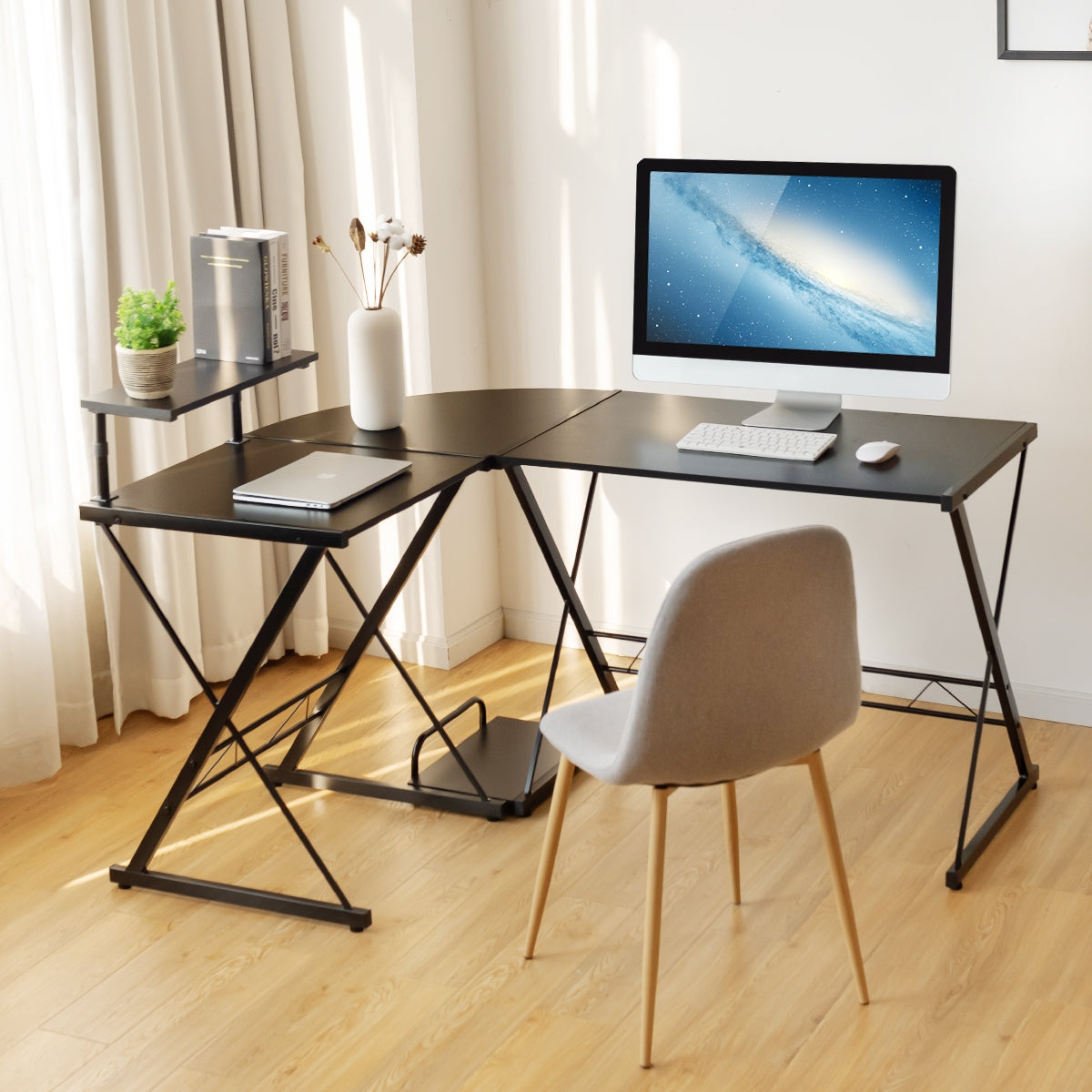 Costway - Bureau d'Angle, Bureau en L, Bureau Ordinateur, Bureau Informatique, Bureau Moderne, Table de Bureau, Poste de Travail, 147x112x75cm, Noir