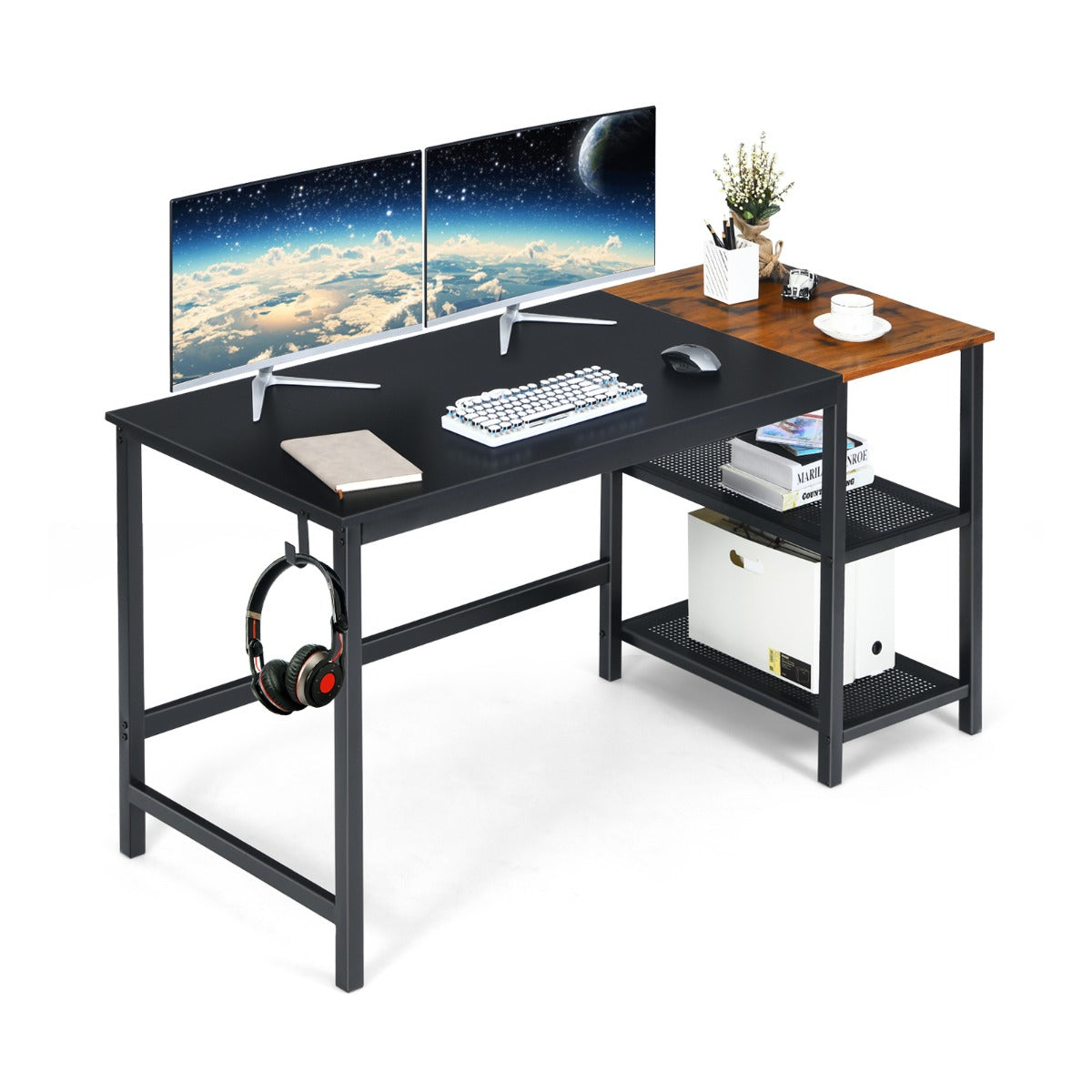 Costway - Bureau Ordinateur, Bureau Informatique, Bureau Moderne, Table de Bureau, Poste de Travail avec 2 Étagères de Stockage, 150x60x74 cm, Noir