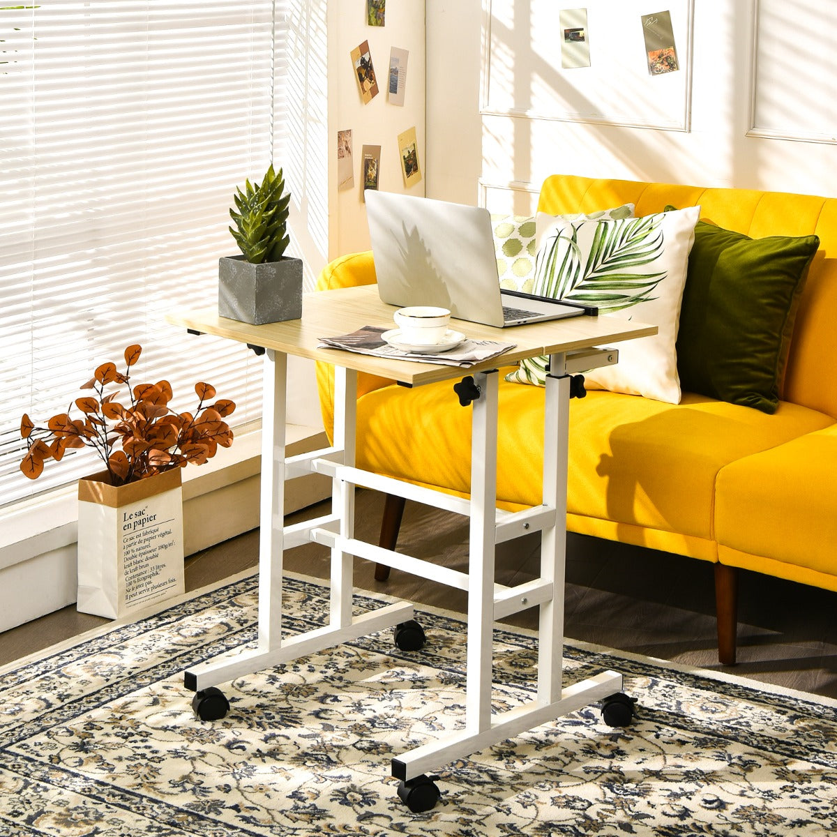 Costway - Bureau Assis Debout à Roulettes, Bureau Ordinateur, Bureau Informatique, Bureau Moderne, Hauteur Réglable 72-124 cm, Natrurel