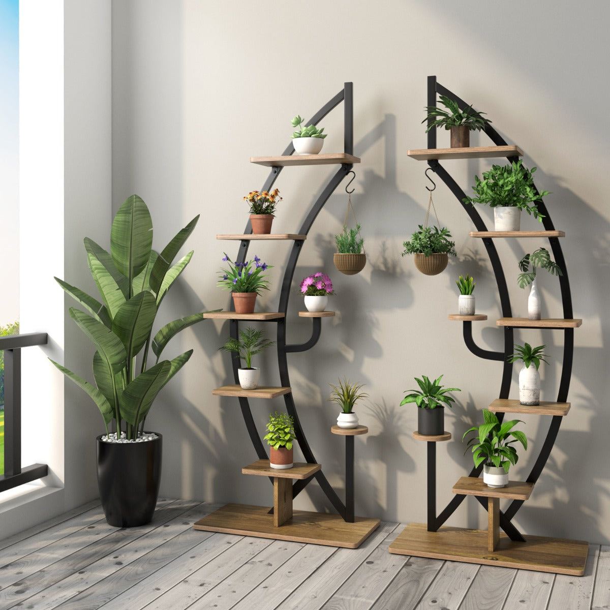 Costway - Etagere Plante, Lot de 2, 7 Niveaux, Meuble Plante, Support pot de fFleur, Métal, Forme de Demi-lune avec Dispositif Anti-renversement