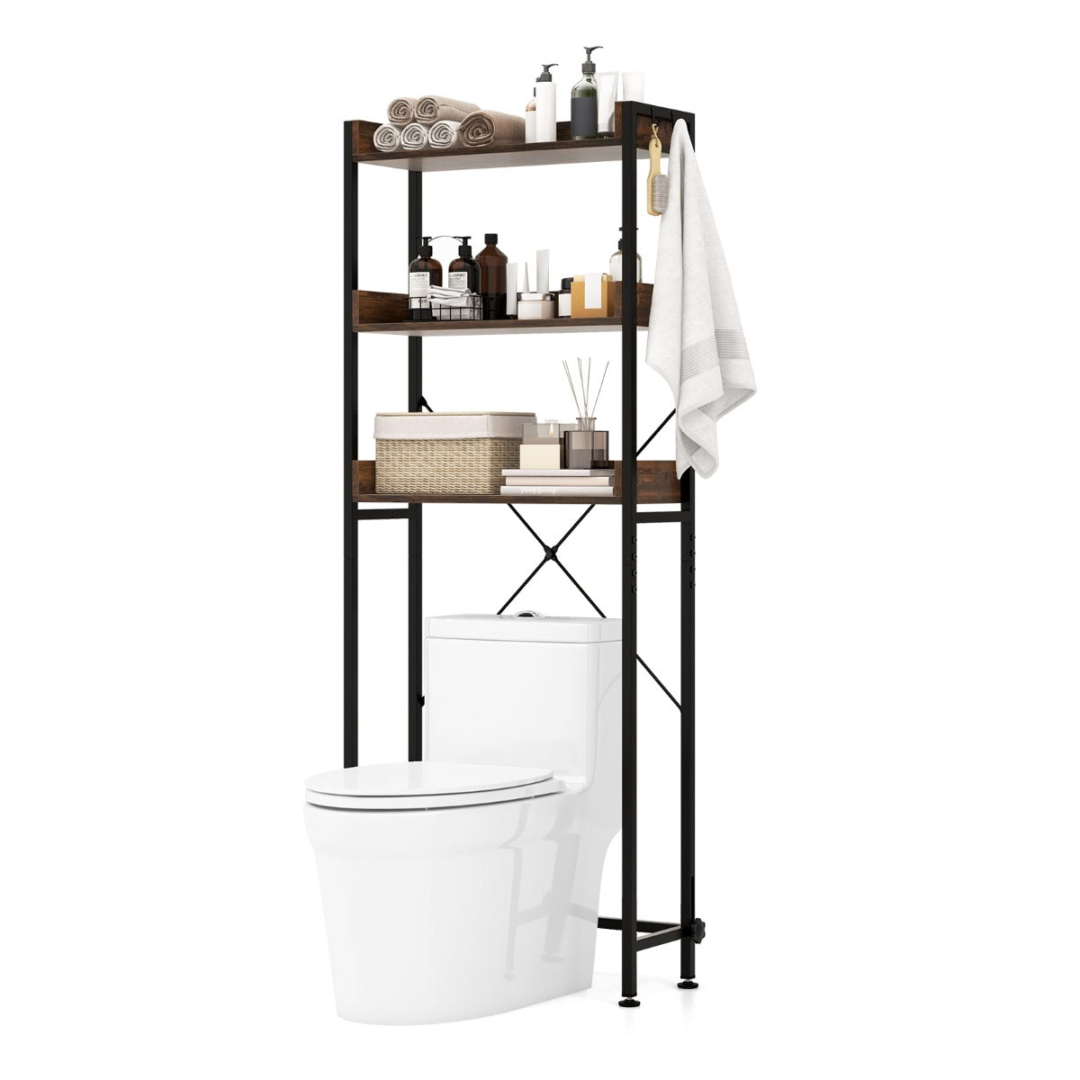 Costway - Etagere WC, Etagere metal, Rangement WC, Etagere Toilette, au-dessus des Toilettes, 3 Niveaux 4 Crochets Support Autoportant, Marron