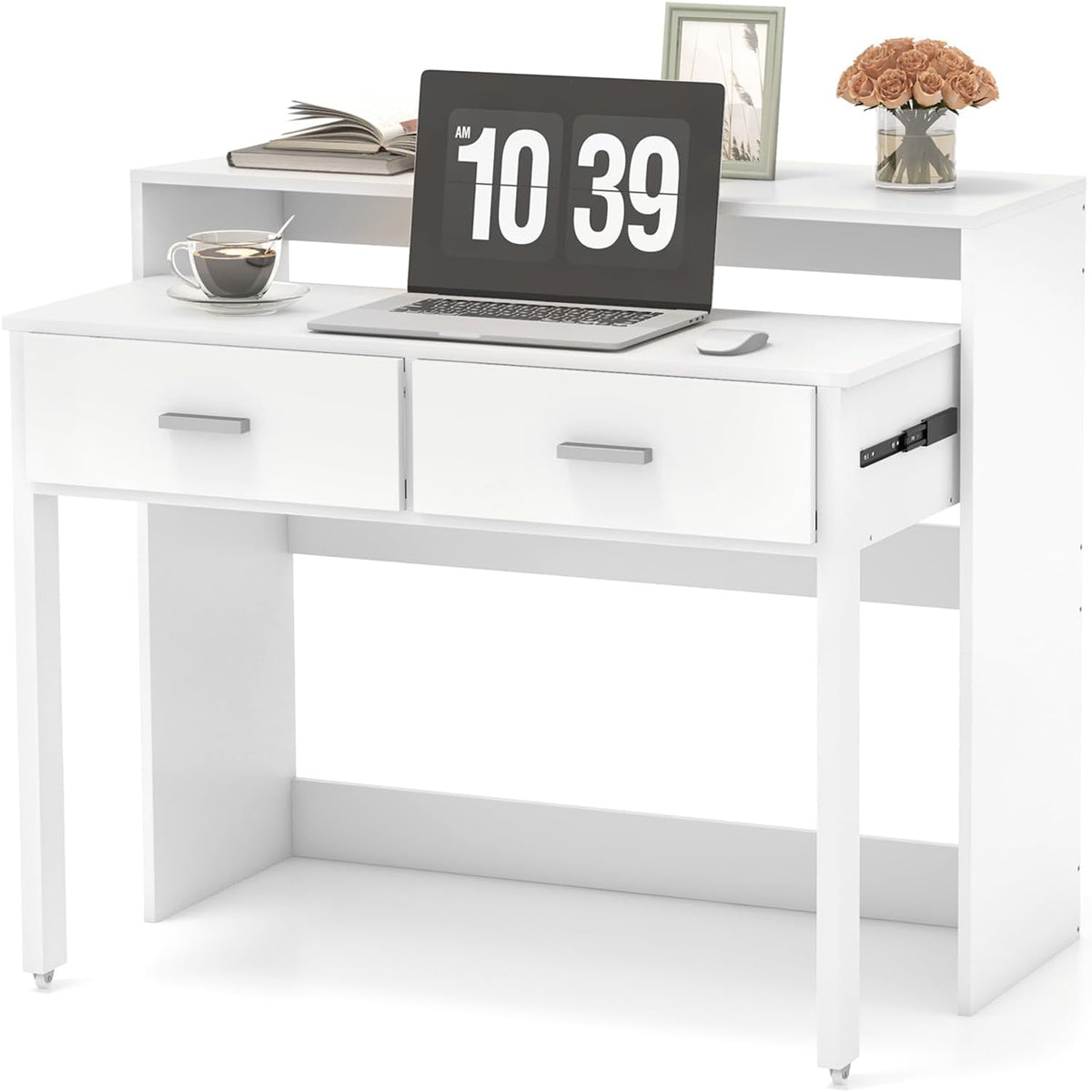 Costway - Bureau Extensible, Bureau Ordinateur de 100 cm, Console Bureau, Table de Bureau pour Roulettes, Poste de Travail, Blanc