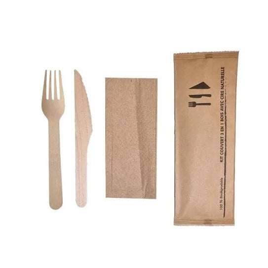 KIT couvert en bois _ 3 en 1 FOURCHETTE, COUTEAU + SERVIETTE - vendu par 500