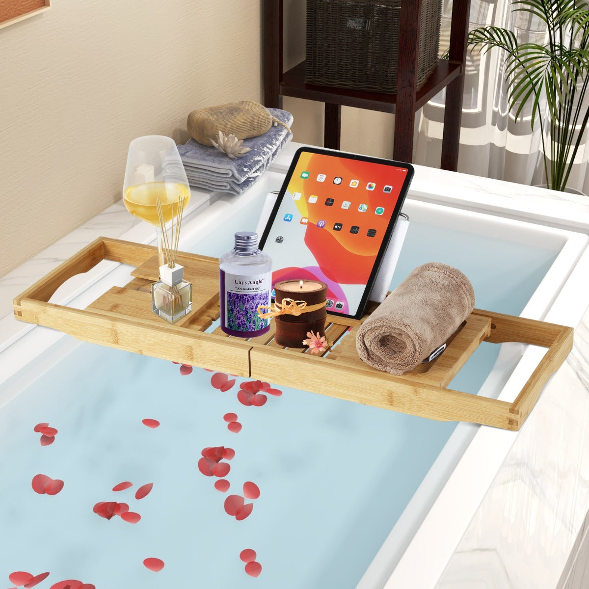 Costway - Plateau Baignoire, Bambou, Etagere Salle de Bain, Extensible, Support de Livre Réglable Plateau de Rangement Latéral Porte-Boissons, Naturel