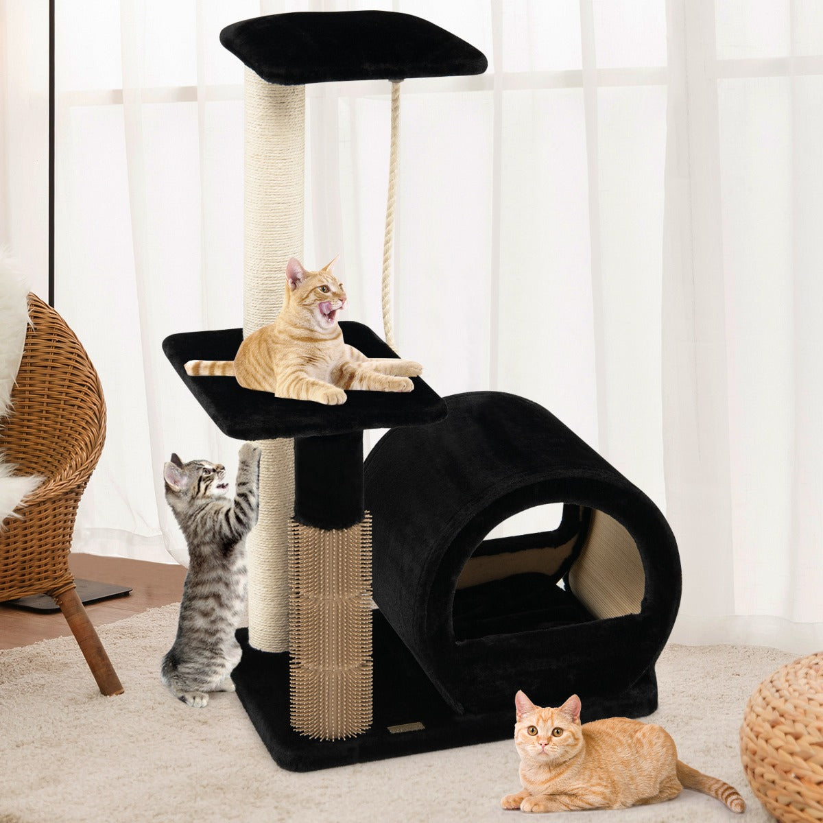 Costway - Arbre à Chat, Griffoir Chat, 92cm, 3 Niveaux avec Poteaux en Sisal et Poteau EVA Tour à Chat en Peluche avec Condo et Corde Suspendue, Noir