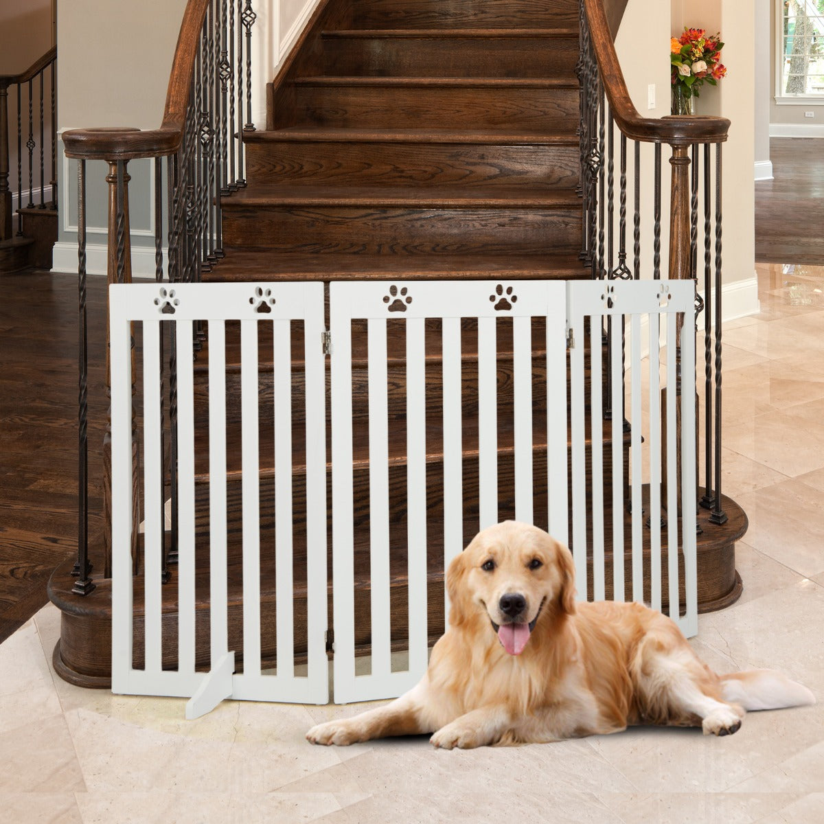 Costway - Barriere Chien, Barrière pour Chien sans Percer, Autoportante 3 Panneaux en Bois Charnières Métalliques à 360°, pour Maison Escaliers, Blanc