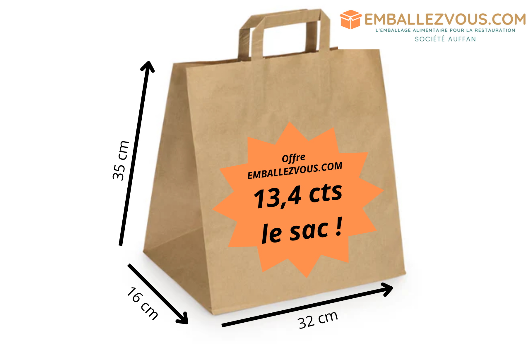 Sac papier kraft brun poignée plate 32+16x35 cm - vendu par 250