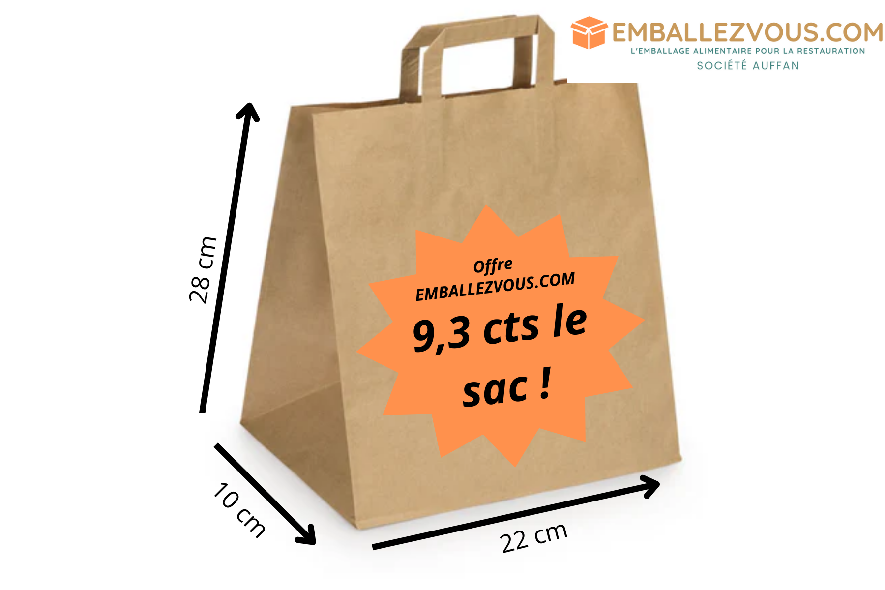 Sacs papier kraft brun poignée plate 22+10x28cm - vendu par 250