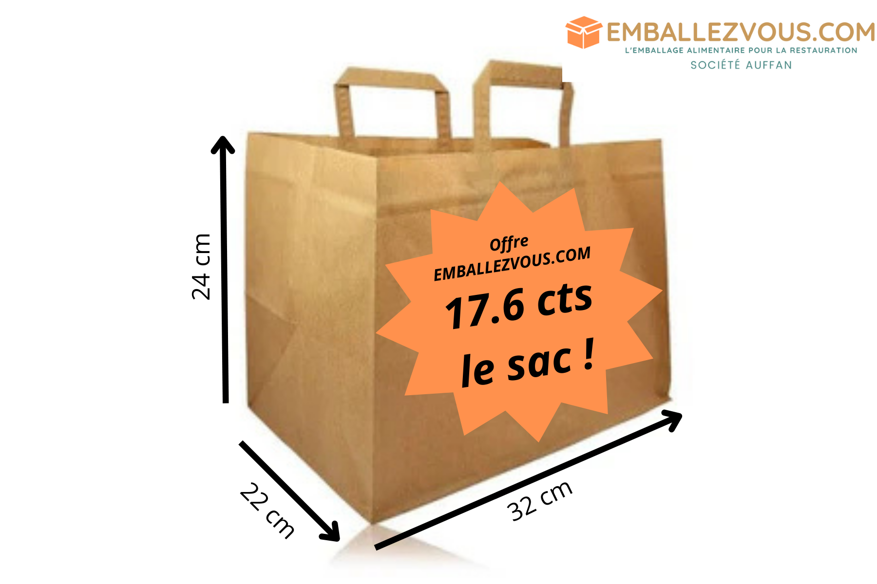 Sac papier kraft brun poignée plate 32+22x24cm - vendu par 250