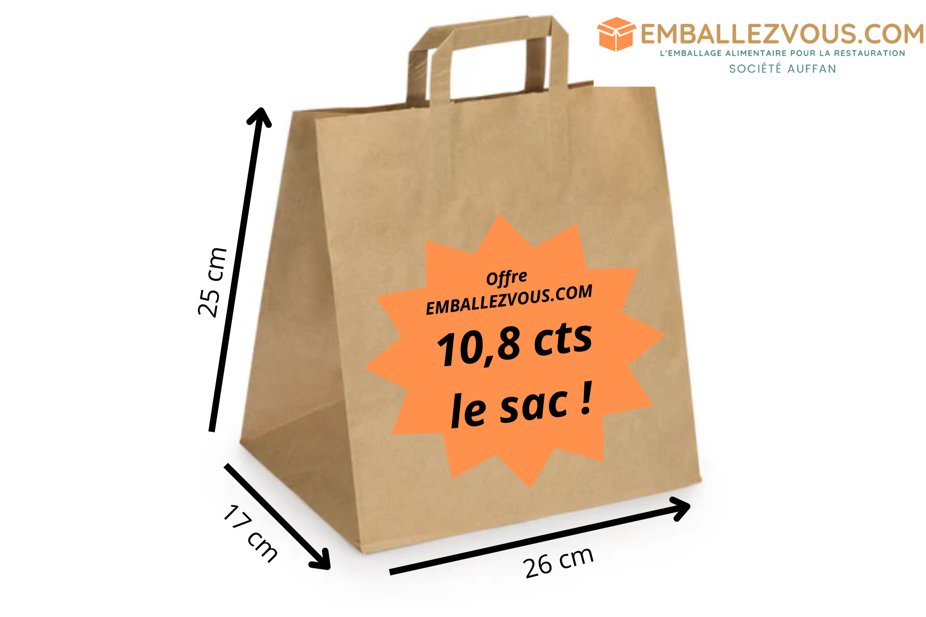Sac papier kraft brun poignée plate 26+17x25cm - vendu par 250
